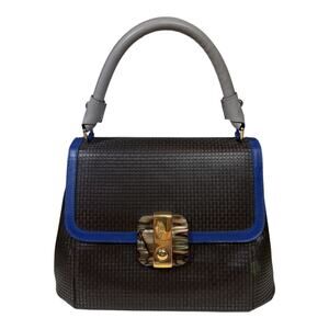 Serapian Bown Leather Gray Top Handle Cobalt Blue Trim Structured Handbag